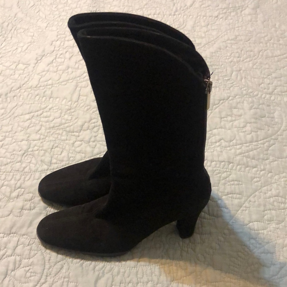 Aquatalia Black Suede Mid Calf Back Zip Heeled Boot